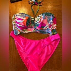 Tropical Print Bandeau Bikini Top with Hot Pink Bikini Bottoms